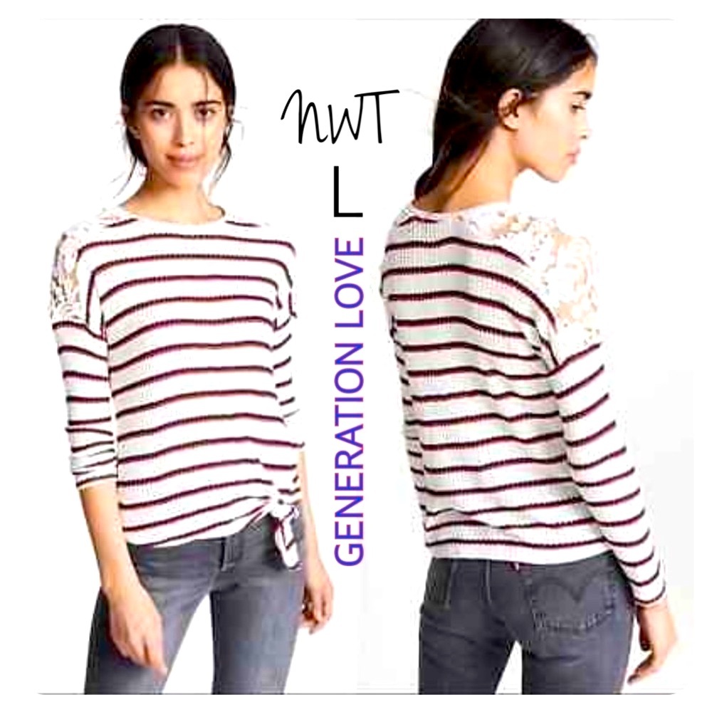 NWT GENERATION LOVE striped long sleeve lace shoulder red cream navy waffle L